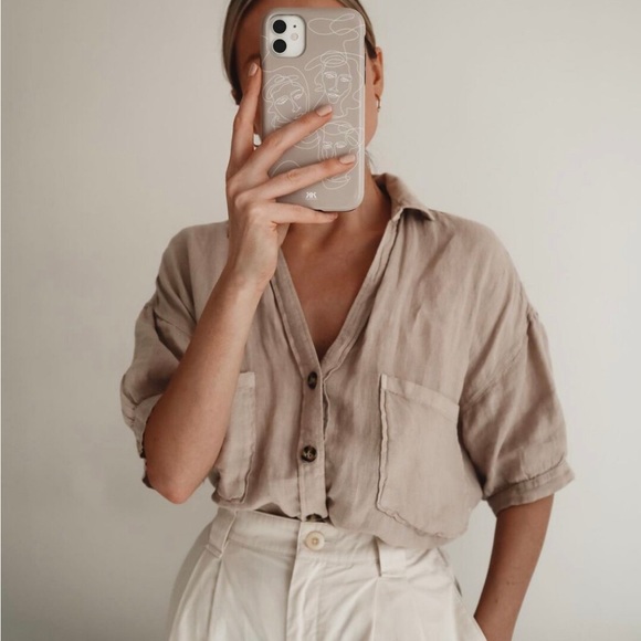 Zara Sz S Tan 100% Linen Button Up Shirt Cropped Short Sleeve Boxy Collared Top - Picture 17 of 17